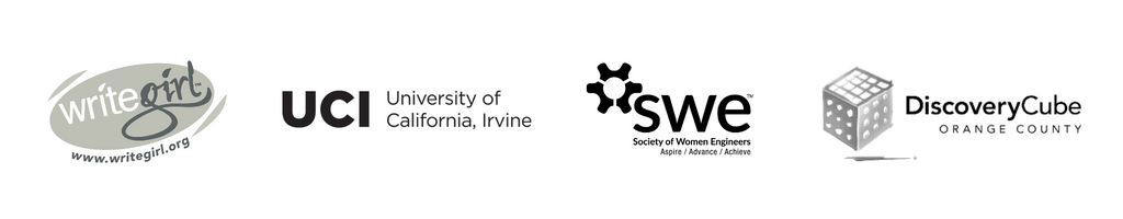 Logos for Write Girl, University of California Irvine, Society of Women Engineers, and Discovery Cube of Orange County.